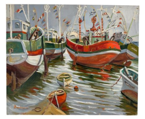 Georges Bordonove (French, 20th Century) - Moored fishing boats (1975), oil on canvas, signed and dated below, titled to edge