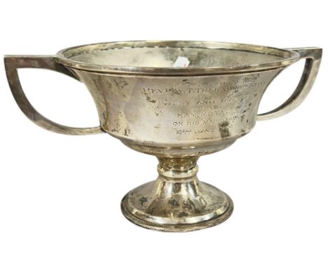 A George V silver twin handled rose bowl with dedication,  Birmingham 1913 BY Wilmot Manufacturing Co, 26.5 cm diameter x 14 