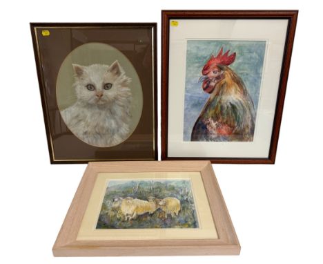 Three artworks of animals, to include: Jean H. Thin - Four sheep in a field, watercolour; Portrait of a cat in pastel; togeth