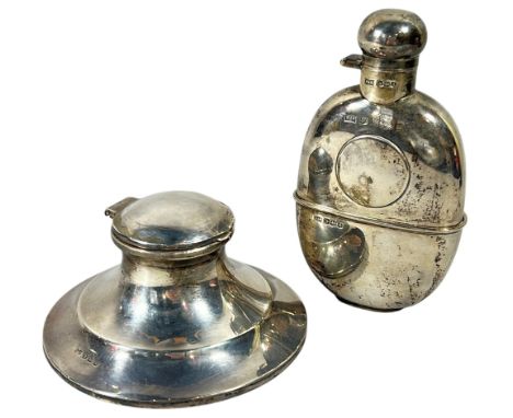 A George V silver hip flask, Sheffield, 1921 by Walker &amp; Hall together with a silver captain’s inkwell (AF), hip flask 6 