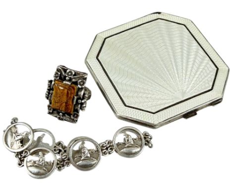A silver enamel compact, silver tiger eye cameo ring and a Danish silver ‘mermaid’ link bracelet (3)