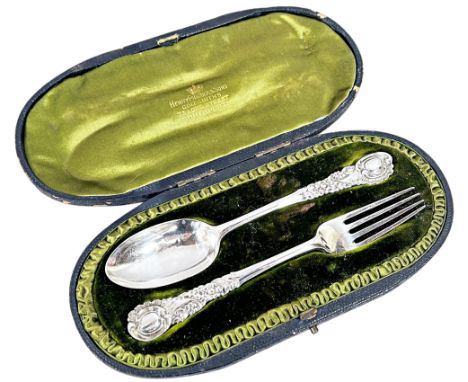A Victorian English silver cased christening fork and spoon duo, London 1898 by Josiah Williams &amp; Co, 2.2 ozs