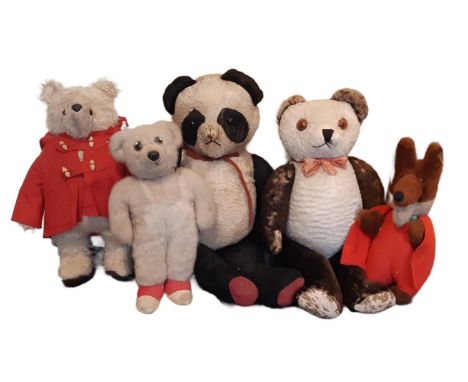 Five vintage toys comprising a Wendy Boston Basil Brush, a Paddington Bear by Gabrille Designs (incomplete clothes), a teddy 