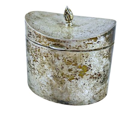 A George V oval silver tea caddy, Birmingham 1923 by Syner &amp; Beddoes, with gilt interior and flame finial to cover, 8 cm 