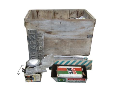 Collection of Volvo Amazon Estate parts contained in a large scrubbed pine box (lacks lid), a vintage BP sump drainer, oil ju