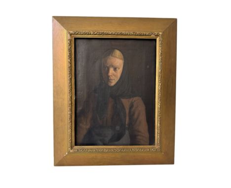 A 19th Century Danish portrait of a woman wearing a black headscarf, titled 'En Lige fra Morsó', dated 1884 and indistinctly 