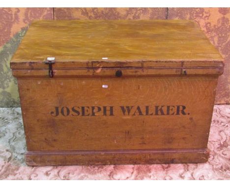 A 19th century country house pine chest with hinged lid, scumbled finish and painted lettering 'Joseph Walker', 61 cm high x 