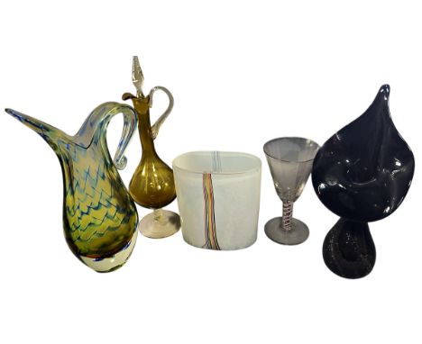 A small unusual collection of distinctive studio glass to include a jug, decanter, pitcher plant vase and opaque etched glass