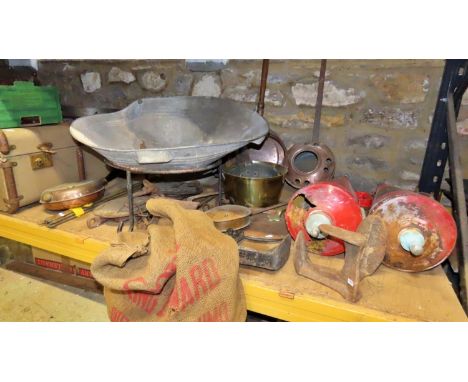 A collection of vintage miscellaneous items to include scales, brass jam pans, shoe lasts, two fire extinguishers, butchers g