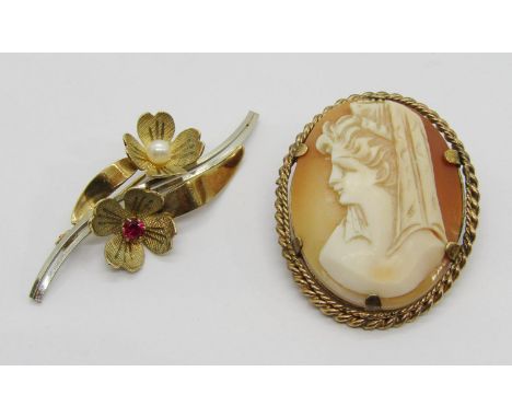 Two vintage brooches; a German 8ct floral design brooch set with a ruby and a pearl, by Teka, 3.6g and a gold plated cameo br