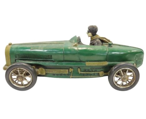 A model single seat Bugatti racing car in green livery, 70cm long