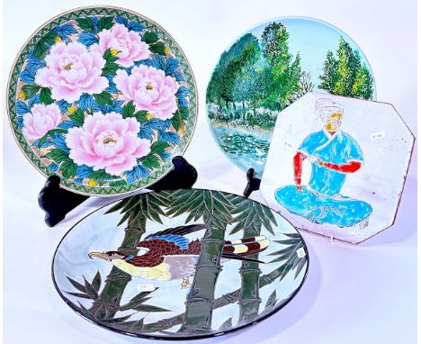 A group of decorative Japanese and other ceramics to include a large charger decorated with hawk amongst bamboo, 40 cm diamet