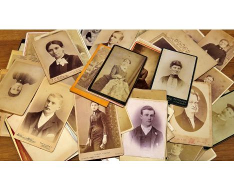 Postcards and greetings cards and Victorian photographs - about 60 smaller portrait photos together with a dozen 5x7" size; a