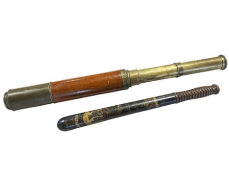 A 19th century brass and wood three drawer telescope, together with a 19th century Victorian truncheon with a painted castle 