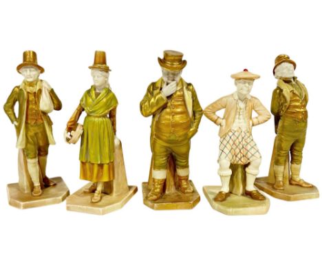 A group of five Royal Worcester blush ivory characters, John Bull, Welsh and Scottish costume, etc, 18cm high maximum (5)