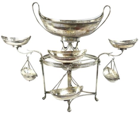 An impressive George III silver table centrepiece epergne, London, 1786 by Thomas Pitts I, with a top boat shaped bowl with t