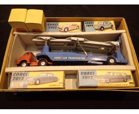 Boxed Corgi Carrimore Car Transporter gift set no 18 with four cars ( Triumph box empty others complete )