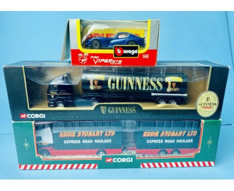 2x Corgi Super Haulers Trucks Including Eddie Stobart &amp; Guiness &amp; 1x Burgao 1/43 Viper Car All Boxed