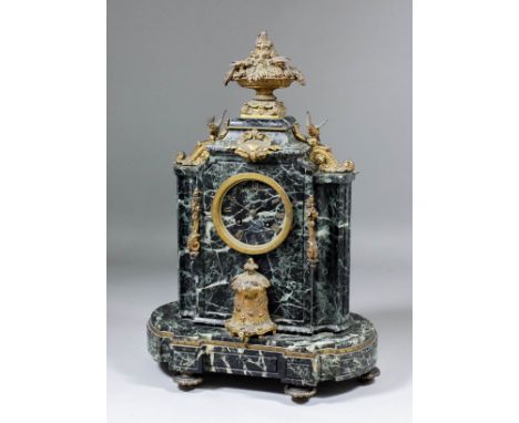 A 19th Century French gilt brass mounted green veined marble mantel clock by Japy Freres, retailed by P. Roussel, Paris, the 