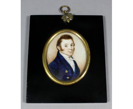 Early 19th Century English School - Miniature shoulder-length portrait of a young man in blue coat, ivory 3ins x 2.5ins, in e