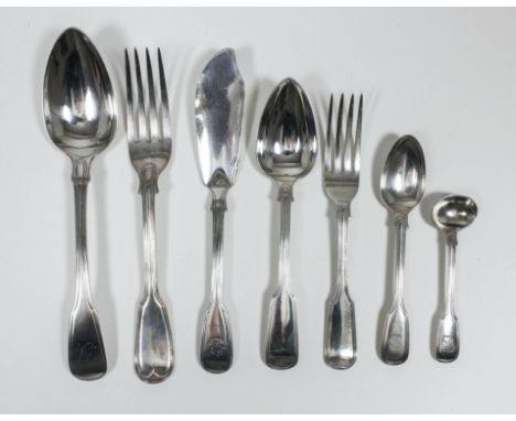 A Harlequin silver fiddle and thread pattern part table service (Georgian and Victorian ranging from London 1801 to 1856 - va