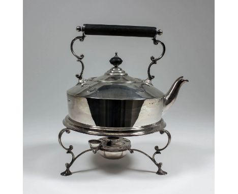 An Edward VII plain silver circular tea kettle and stand with spirit lamp, the plain squat circular body with plain ebonised 