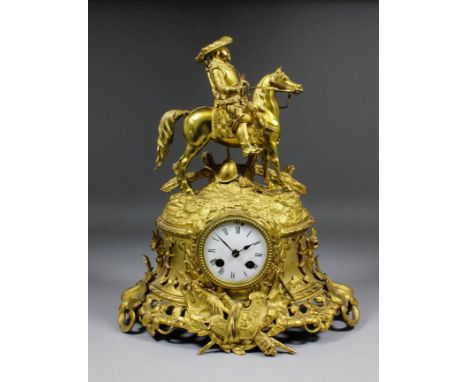 A late 19th Century French gilt spelter cased mantel clock by Vincenti & Cie, the 3.125ins diameter white enamelled dial with