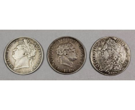 Three Halfcrowns - George II 1745 (Spink 3695 - Lima below bust and Nono on edge), a George III 1819 (Spink 3789 - small head