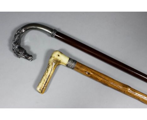 A small collection of walking sticks, including - Briarwood with antler handle and silver ferrule, 35.25ins, plain turned sti