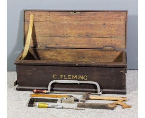 A Victorian dark stained oak rectangular two-handled box, 32.5ins wide x 12.5ins deep x 10.5ins high, containing a selection 