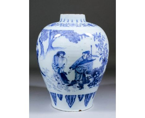 A late 17th Century blue and white Delft  baluster shaped vase decorated in the Chinese Transitional style with various figur