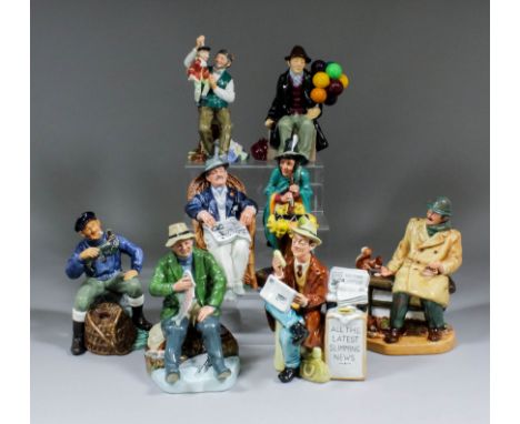 Eight Royal Doulton figures, comprising - "Mask Seller" (HN1203), 8.5ins high, "A Good Catch" (HN2258), 7.25ins high, "Lobste
