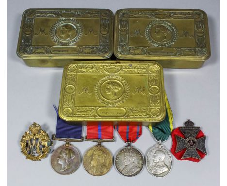 A George VI Long Service Good Conduct Medal, Territorial Army Force Efficiency Medal, three Queen Mary Christmas 1914 brass t