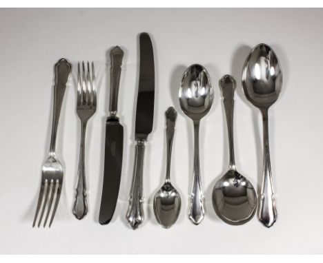 A plated table service for twelve place settings by Harrods Ltd, comprising - table forks, dessert forks, table knives, butte