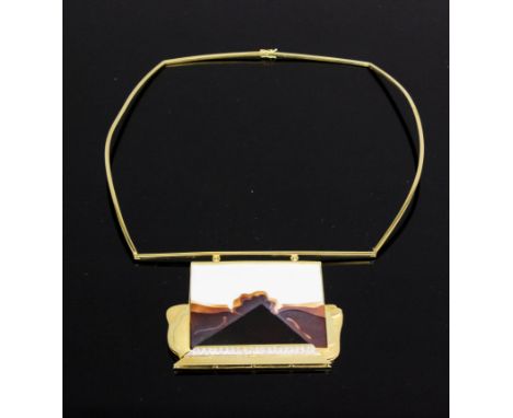 A modern Franz Huppertz 18ct gold, ceramic, agate and diamond set choker with pendant, the square ceramic panel with stylised