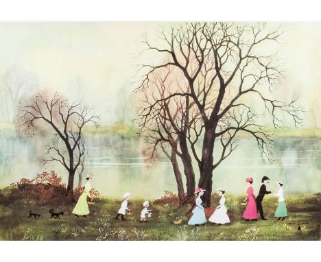***Helen Bradley (1900-1979) - Coloured print - "Miss Carter and the family out on a walk by a lake", 15ins x 22ins, signed i