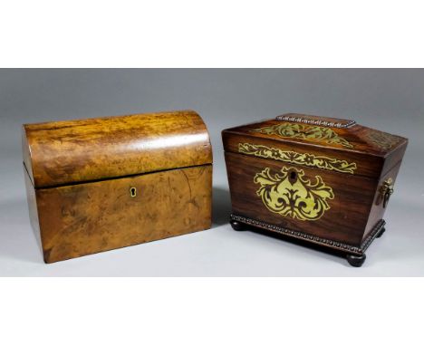 An early Victorian rosewood and brass inlaid rectangular tea caddy of sarcophagus shape, the interior fitted two lidded compa