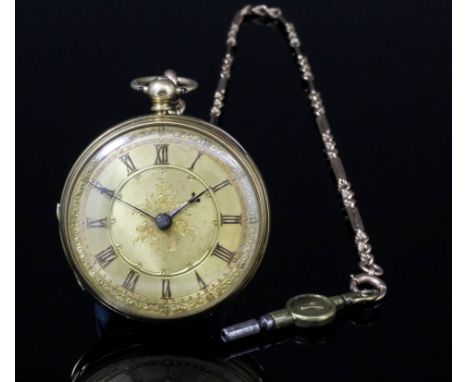 A George V gentleman's 18ct gold open face pocket watch, the gilt dial with floral and foliate engraving to the centre and wi