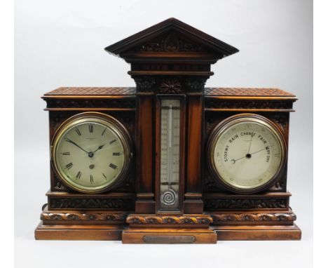 A late Victorian walnut cased wall mounted timepiece, aneroid barometer and thermometer, by Short & Mason Ltd, London, the cl