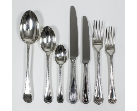 A Harlequin silver bead pattern table service (late Victorian and George V - various dates and makers), comprising - twelve t