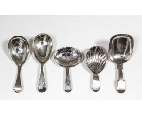 Two George III silver caddy spoons, each with oval bowls and engraved handles, one with engraved bowl possibly by John Baker 