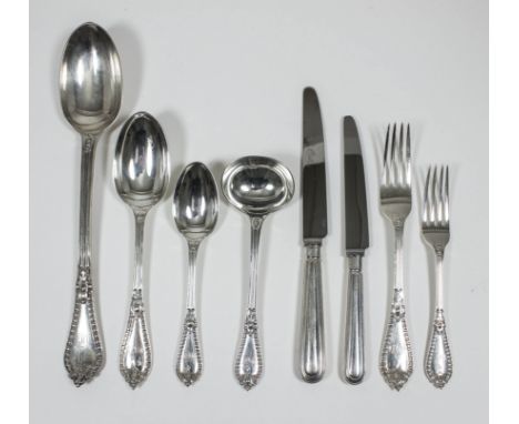 A Victorian silver table service, the pointed handles cast with tongue and cartouche pattern ornament, by John  Aldwinkle & T