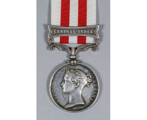 A Victoria Indian Mutiny Medal dated 1857 - 1858 bearing "Central India" clasp to "H. Mansbridge, 14th Light Dragoons"