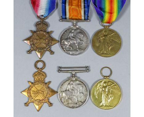 Two groups of three George V First World War medals comprising, 1914-15 Stars, British War Medals, and Victory Medals to "Pri