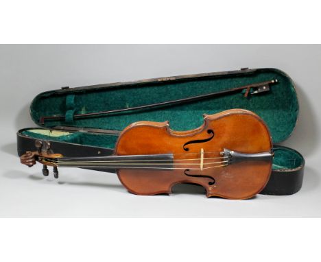 An early 20th Century French violin with two piece back (back measurement excluding button 14.25ins, 23.75ins overall), with 