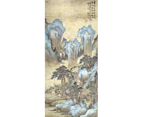 Chinese School - Scroll painting - Rocky landscape with trees and buildings, 34ins (863mm) x 15.5ins (40mm) (discoloured and 