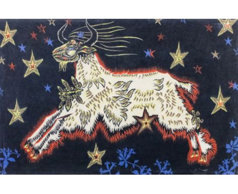 Jean le Lurcat (1892-1966) - Print on Fabric - Tapestry - Goat with stars, 48ins x 72ins, signed, in modern white painted fra