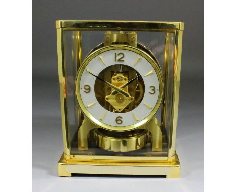 A modern Jaeger Le Coultre "Atmos" mantel timepiece, No. 159926, the 4.25ins white painted metal chapter ring with Arabic num