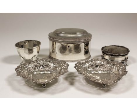 A French silvery metal oval tea caddy with slightly domed cover and bead mounts, 4.25ins x 3ins x 2.75ins high, a pair of lat