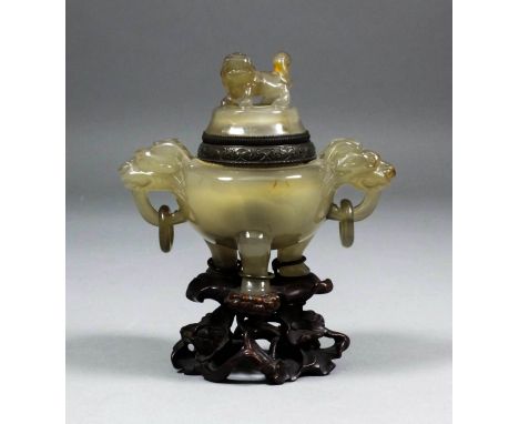 A Chinese carved agate censor and cover in the "Archaistic" manner, with gilt metal mounts, kylin pattern finial, dragonhead 